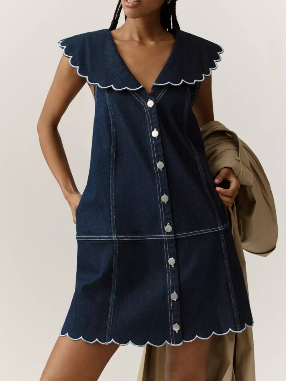 Anthropologie Pilcro Scalloped Sailor Collar Denim Button-Down Dress Denim XS